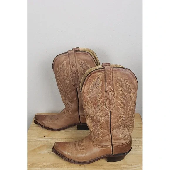 Old West Cowboy Cowgirl Boots Leather 7.0 Women's Cowgirl Tan Western LF1529 - Picture 1 of 7